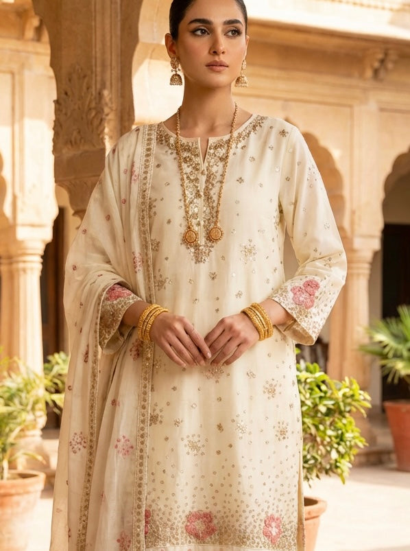 Sequins & Chiffon Cream Suit