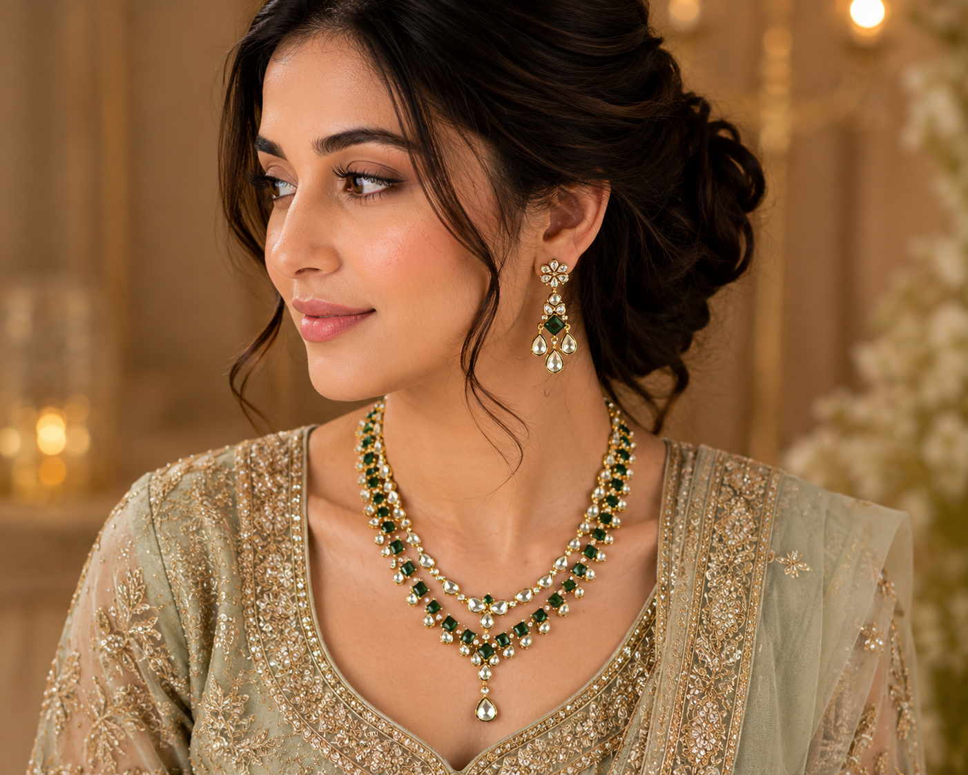 Double Necklace & Earrings Set Green