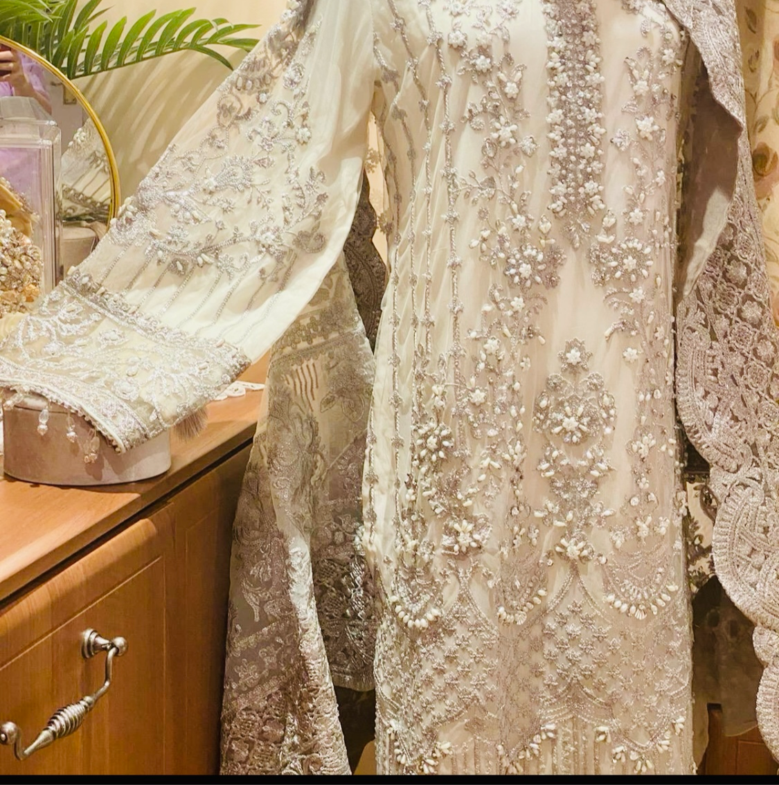 White and Silver Embroidery on Net 3D Flowers