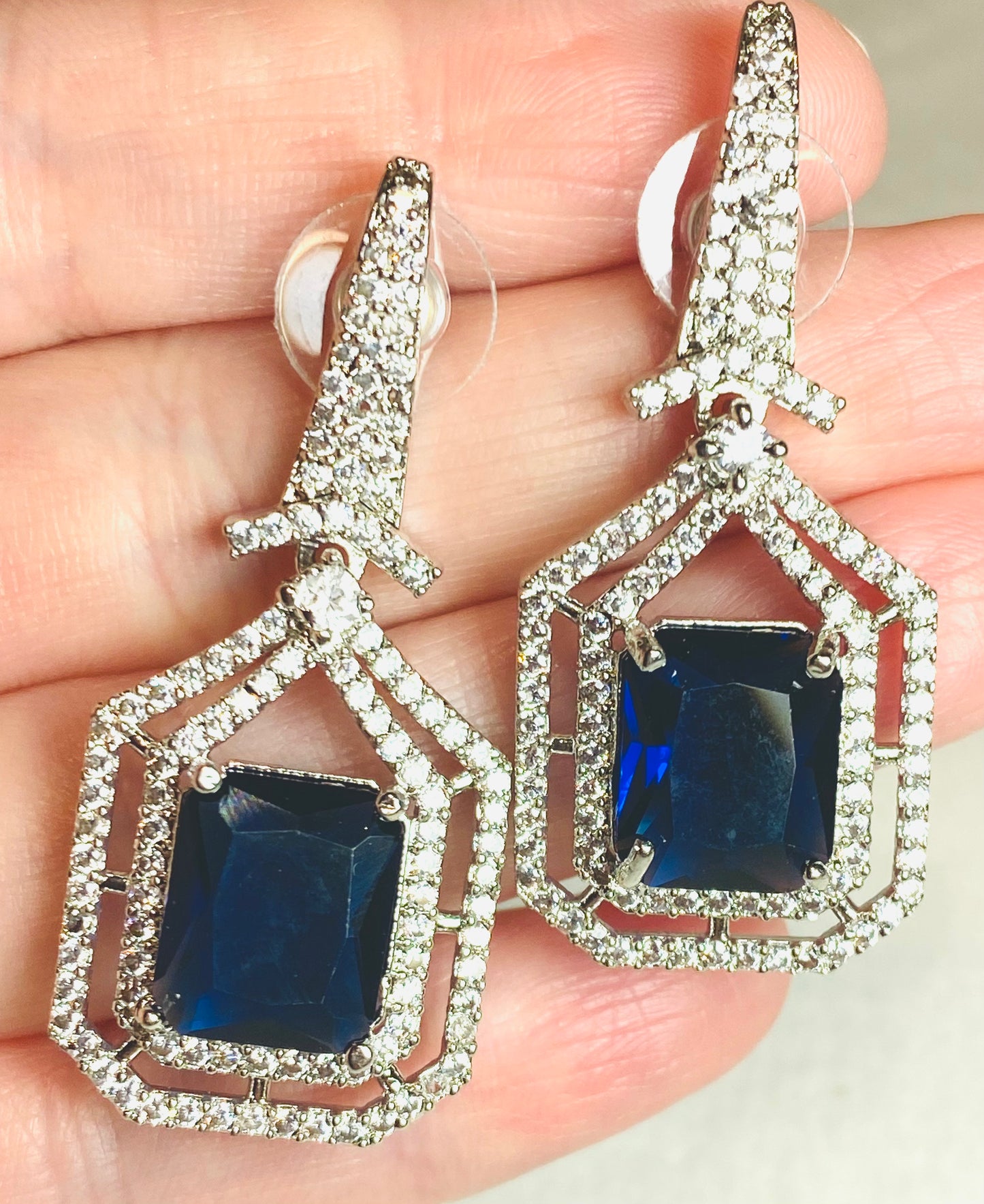 AD Blue Princess Cut Stone Silver Earrings