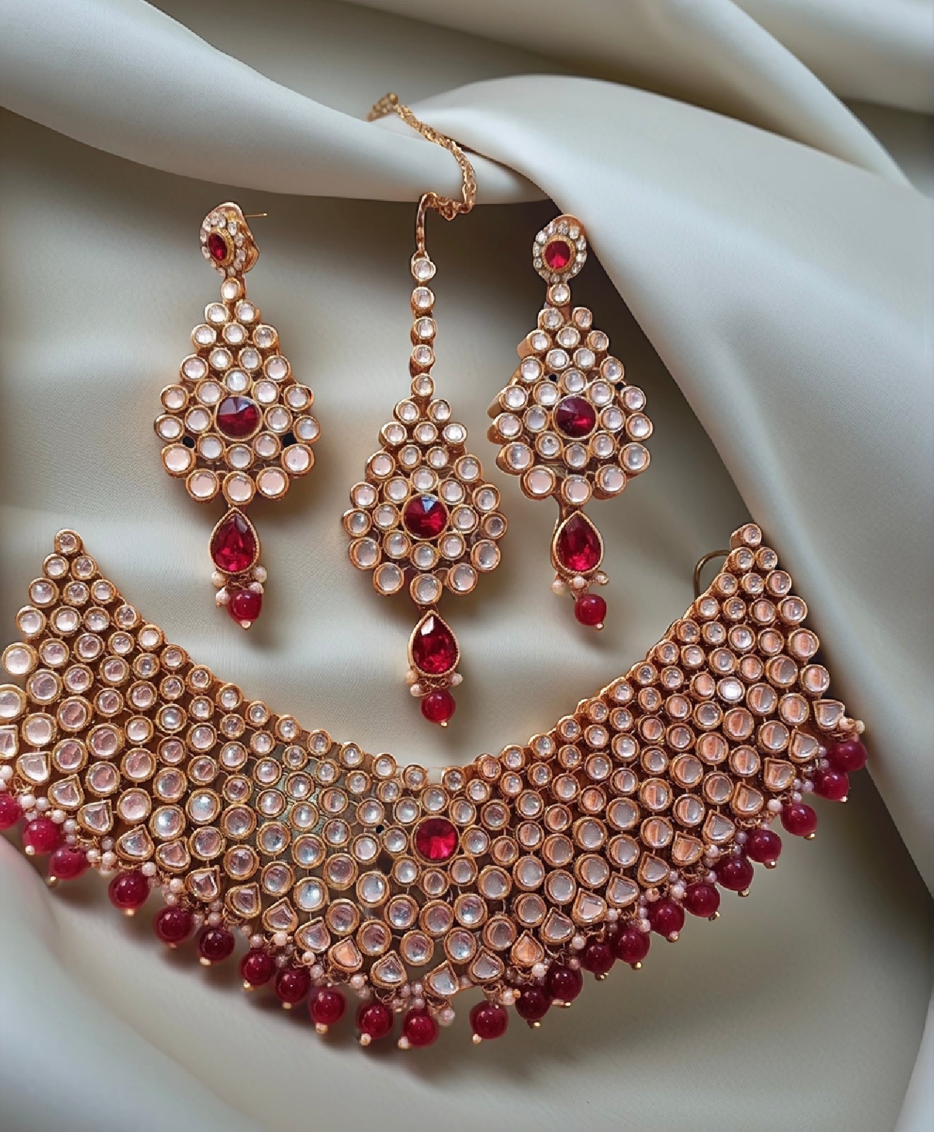 Kundan 3 PCs Set Red