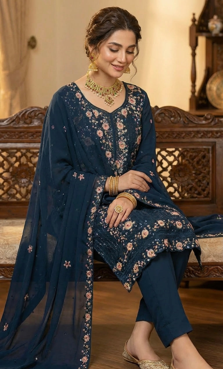Chiffon Embroidered Sequins Suit Teal
