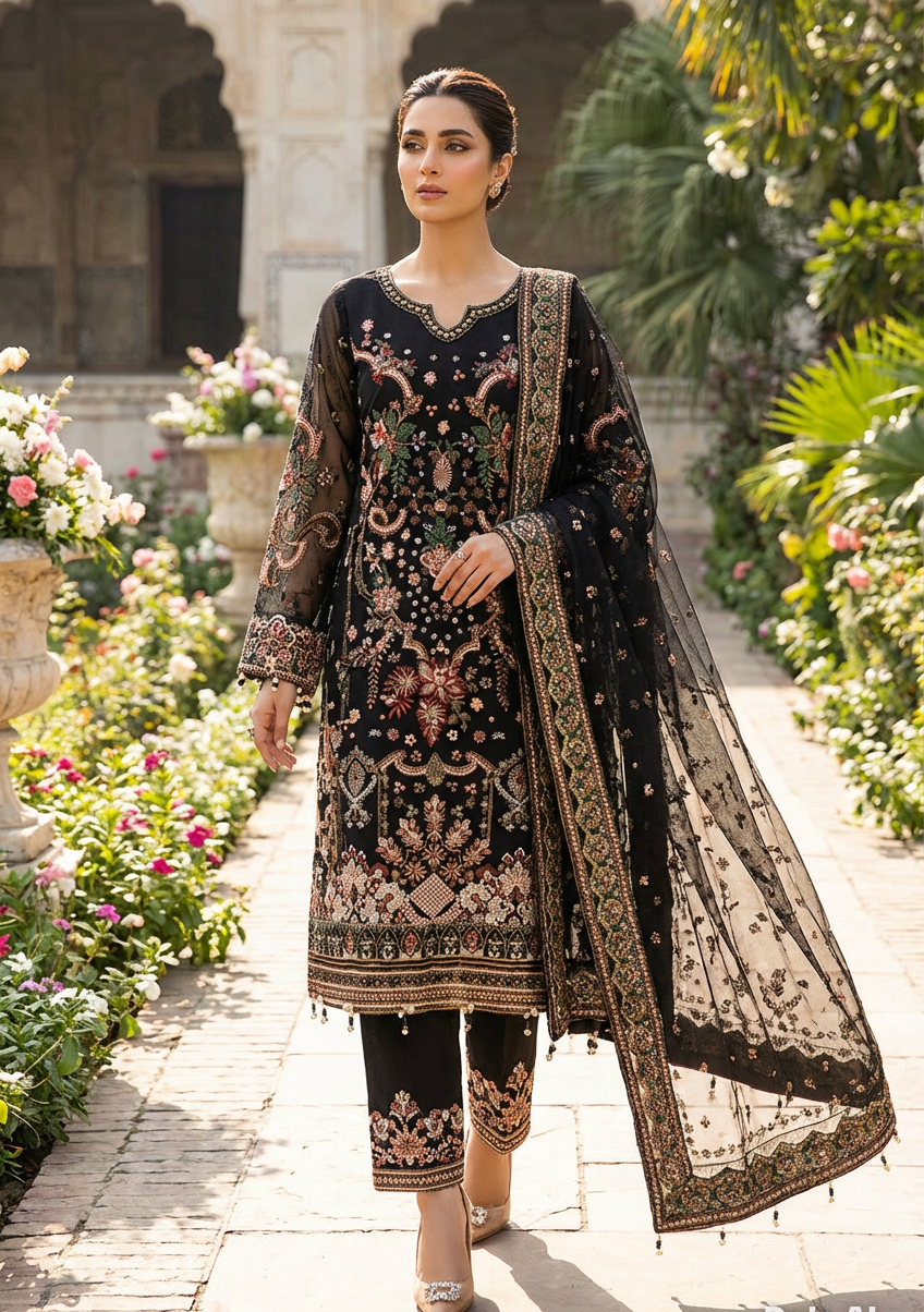 Embroidered Net Suit Black