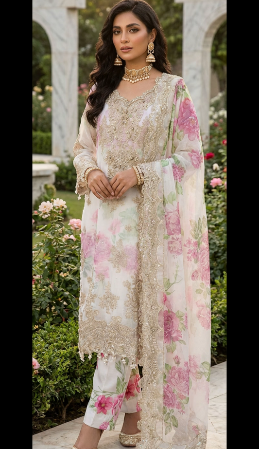 White Floral Chiffon Silk Suit