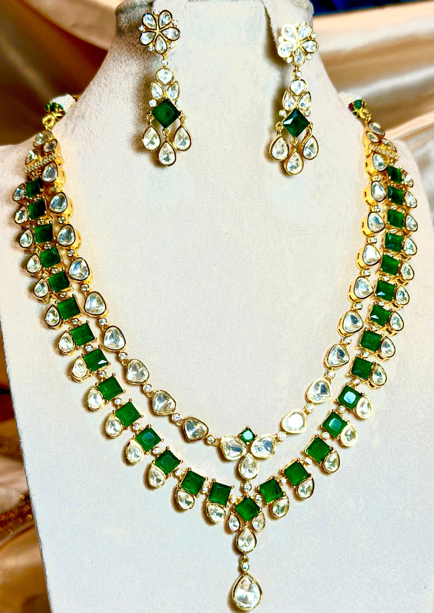 Double Necklace & Earrings Set Green