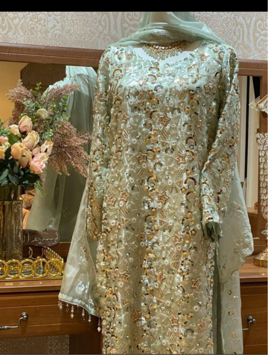 Mint Korean Silk Cutdana 3 Piece Suit With