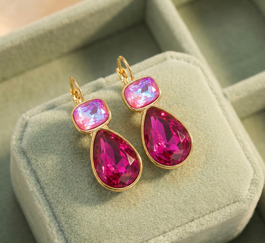 Zircon Pear Drop Gold Plated Earrings Pink