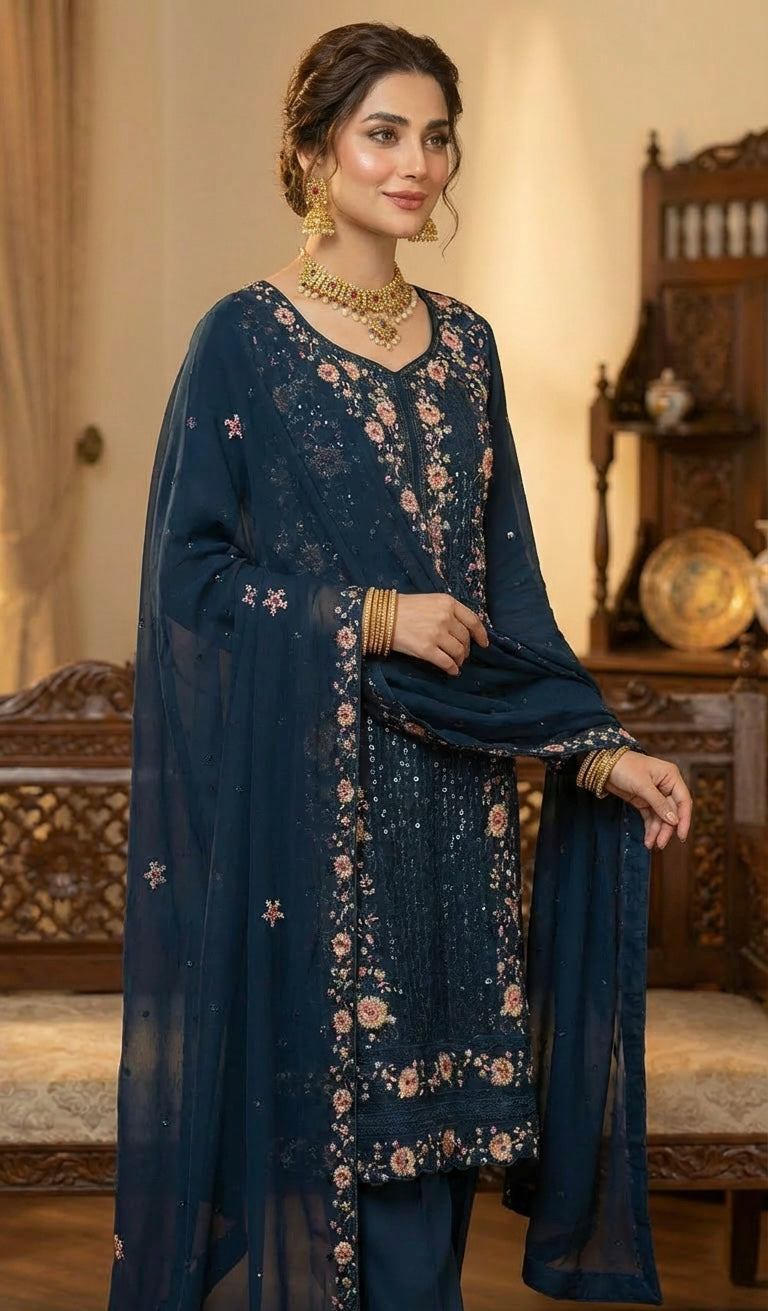 Chiffon Embroidered Sequins Suit Teal