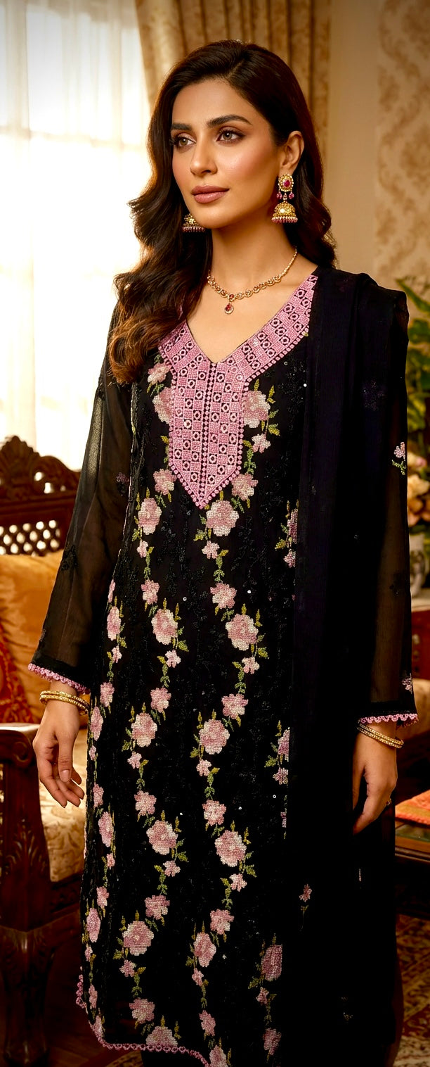 Embroidered & Sequins ChiffonSuit. Black & Pink