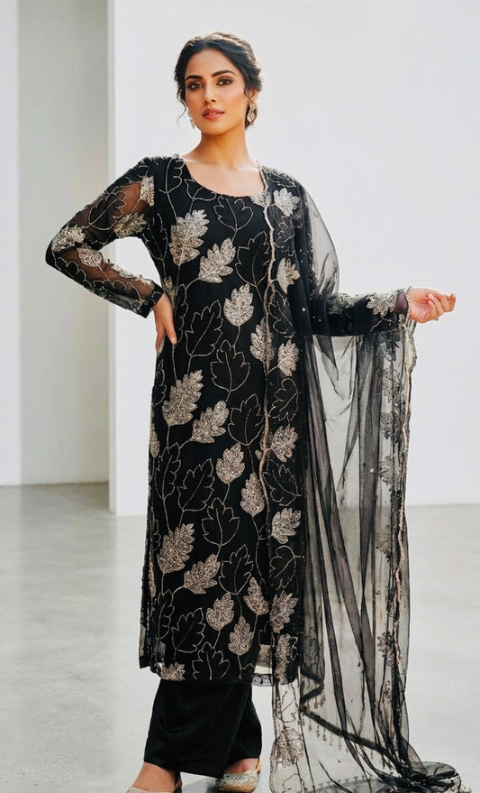 Black 3 Piece Cutdana Suit Leaf Design