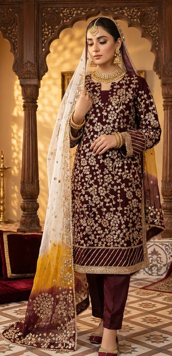 Burgundy Hand Gota Work Suit