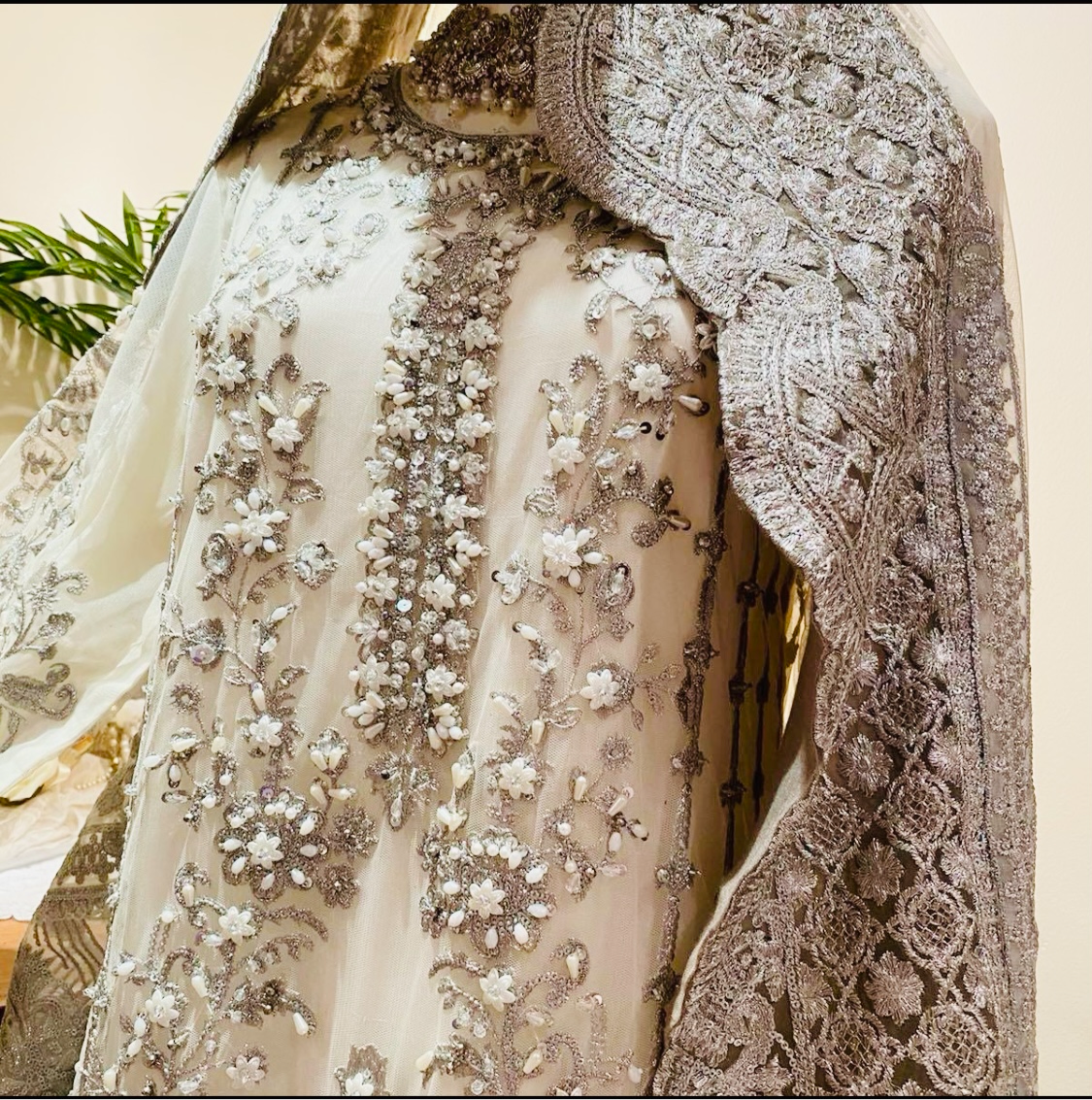 White and Silver Embroidery on Net 3D Flowers