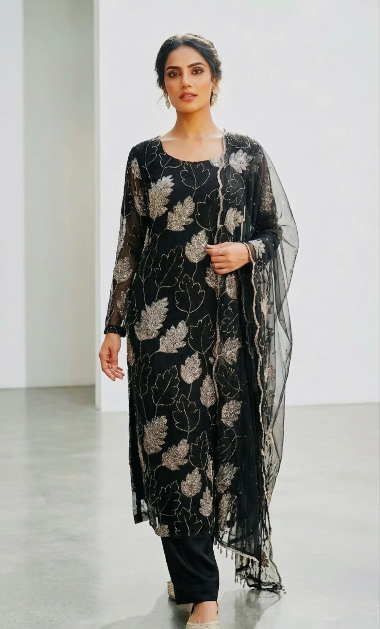 Black 3 Piece Cutdana Suit Leaf Design