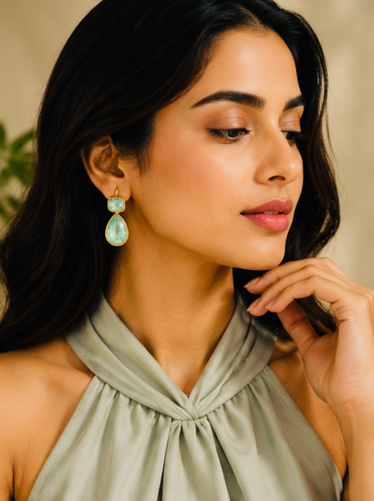 Zircon Pear Drop Gold Plated Earrings Aqua