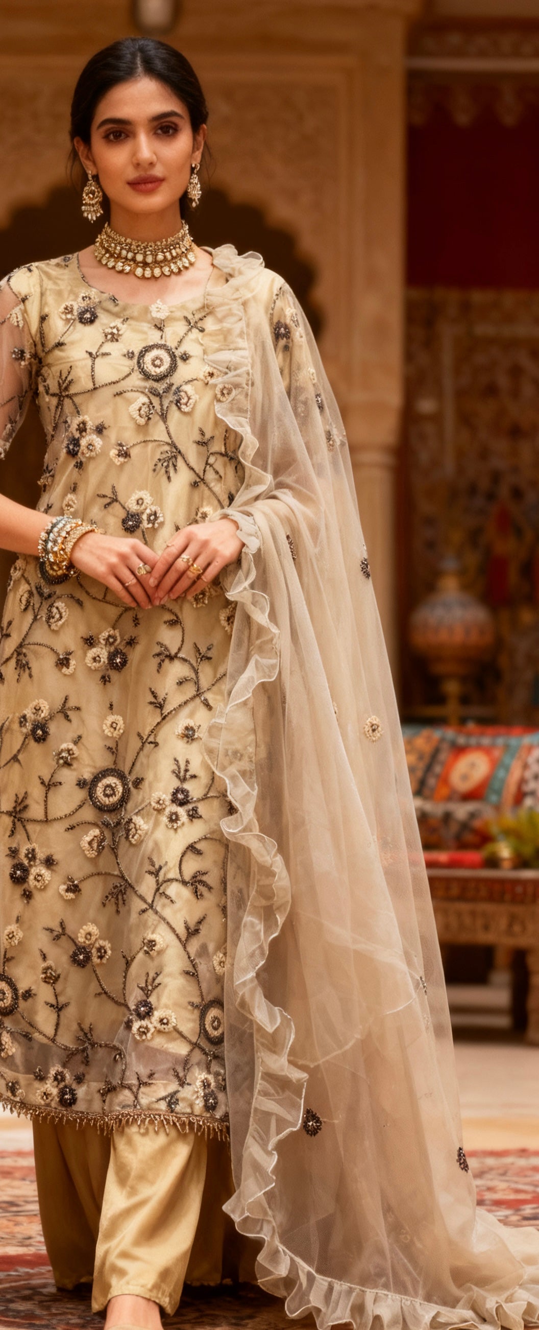 Net Cutdana Sharara Suit Gold