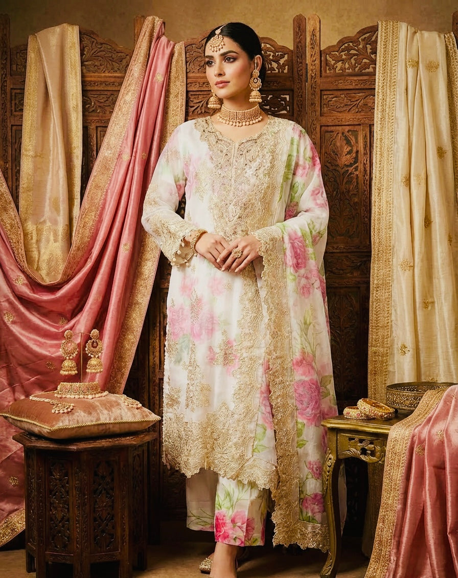 White Floral Chiffon Silk Suit