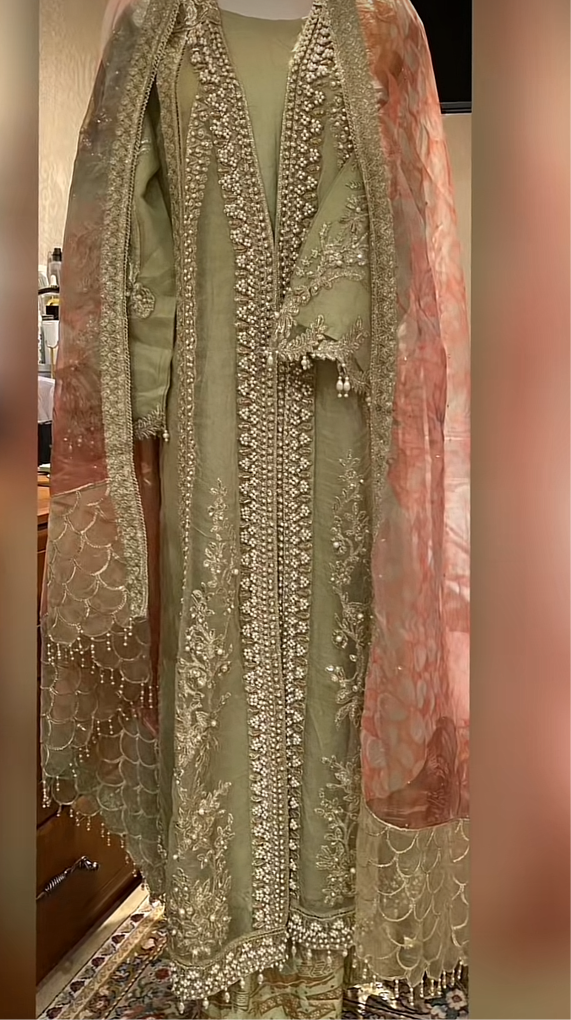Mint Outfit With Pearl-work & Gold Print Sharara
