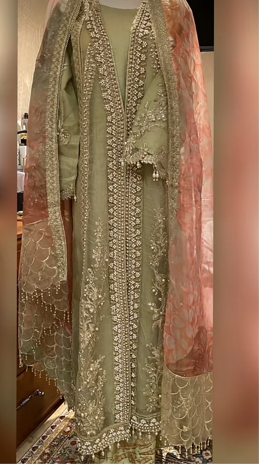 Mint Outfit With Pearl-work & Gold Print Sharara