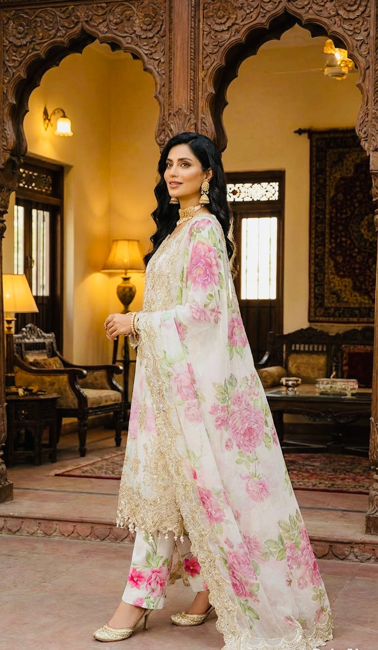 White Floral Chiffon Silk Suit