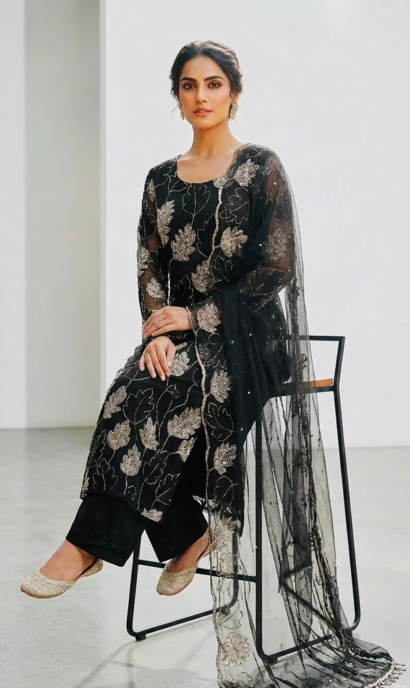 Black 3 Piece Cutdana Suit Leaf Design