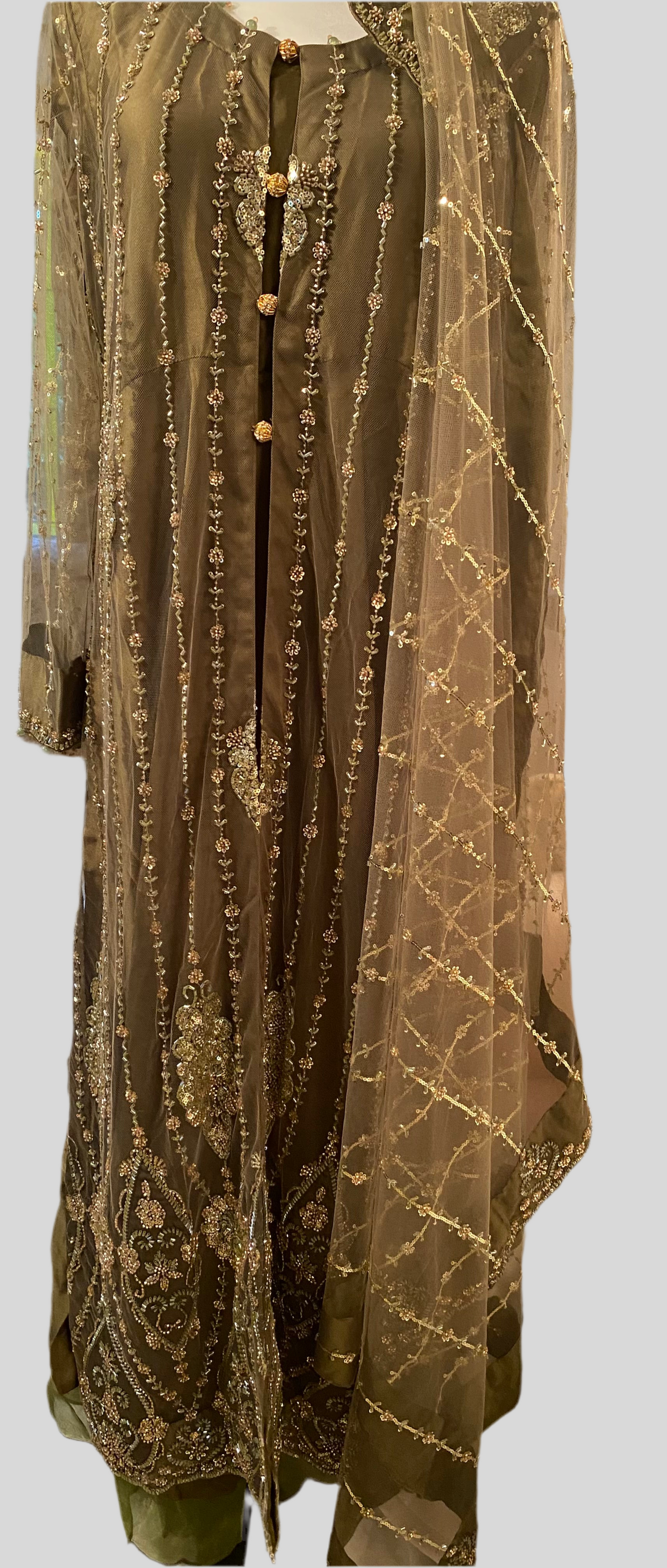 Mehndi Green Net Cutdana Jacket Outfit With Silk Inner & Trousers & Matching Dupatta