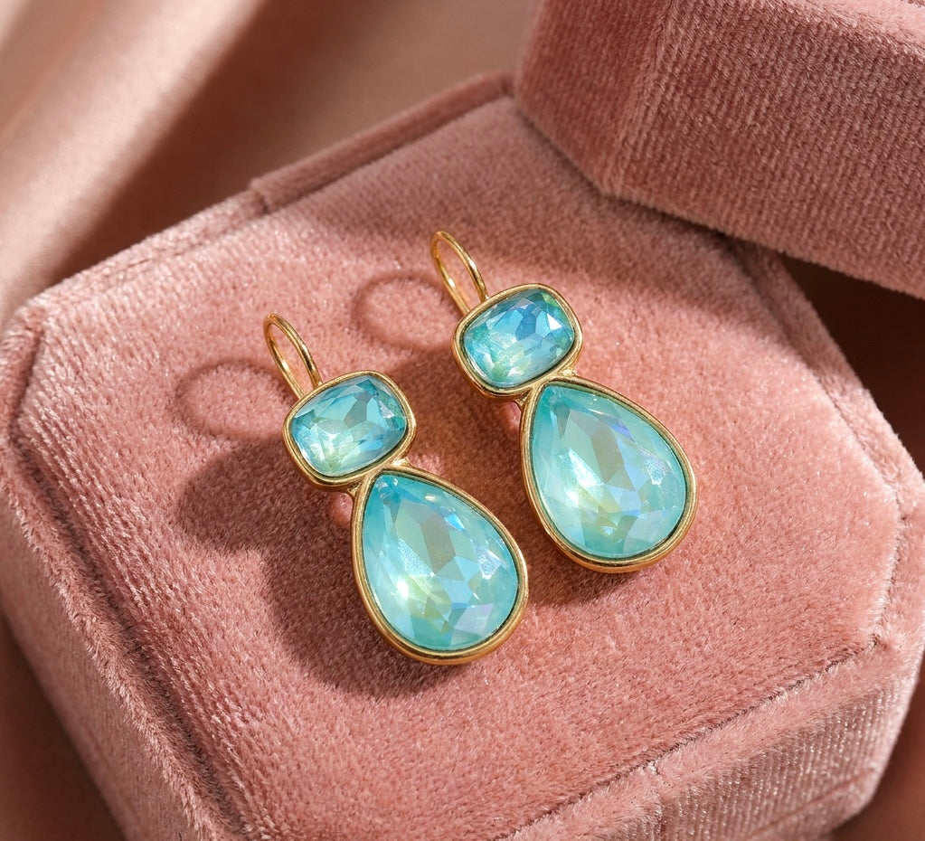 Zircon Pear Drop Gold Plated Earrings Aqua