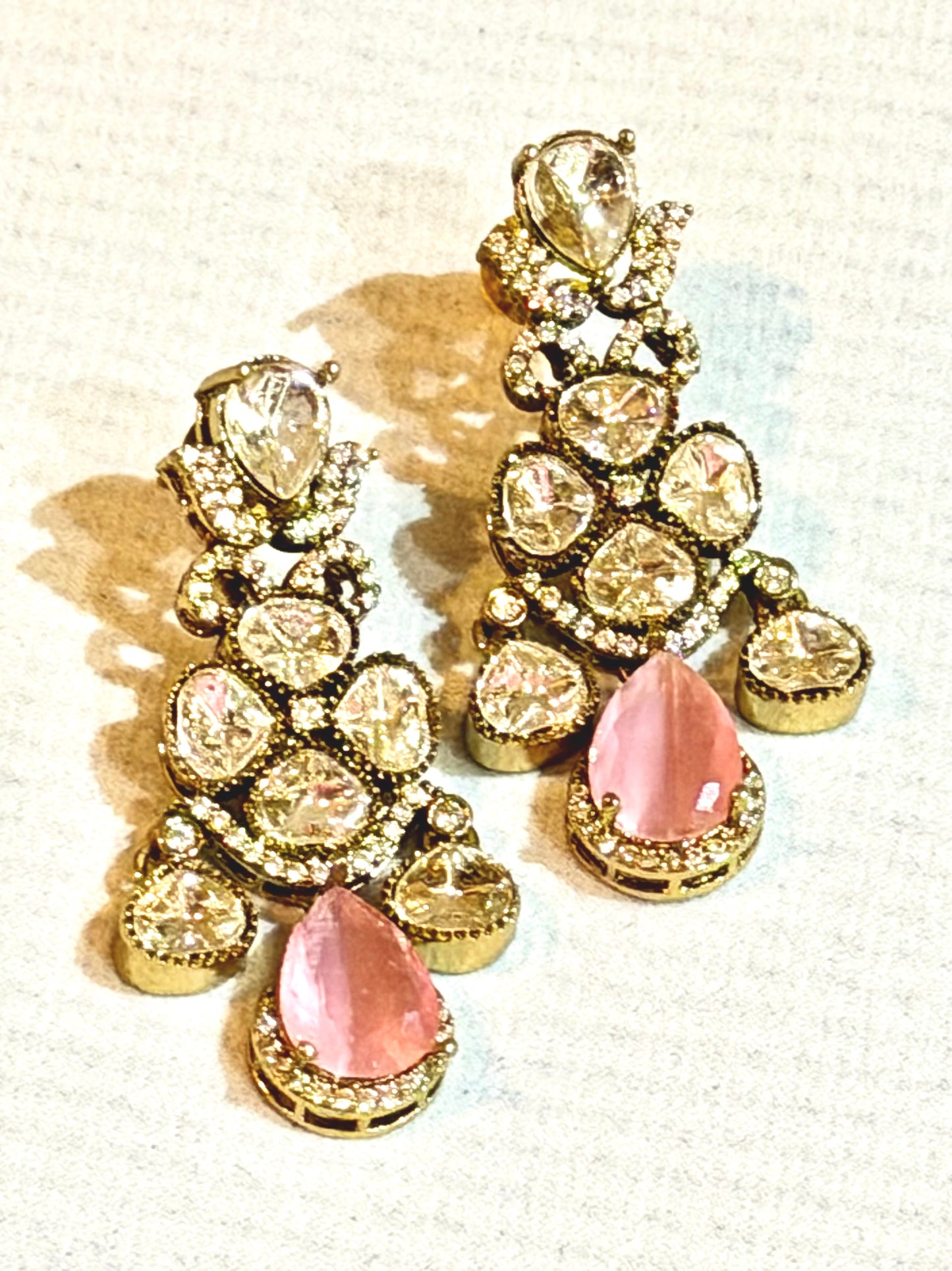 Quartz Kundan Earrings Gold Plated Pink