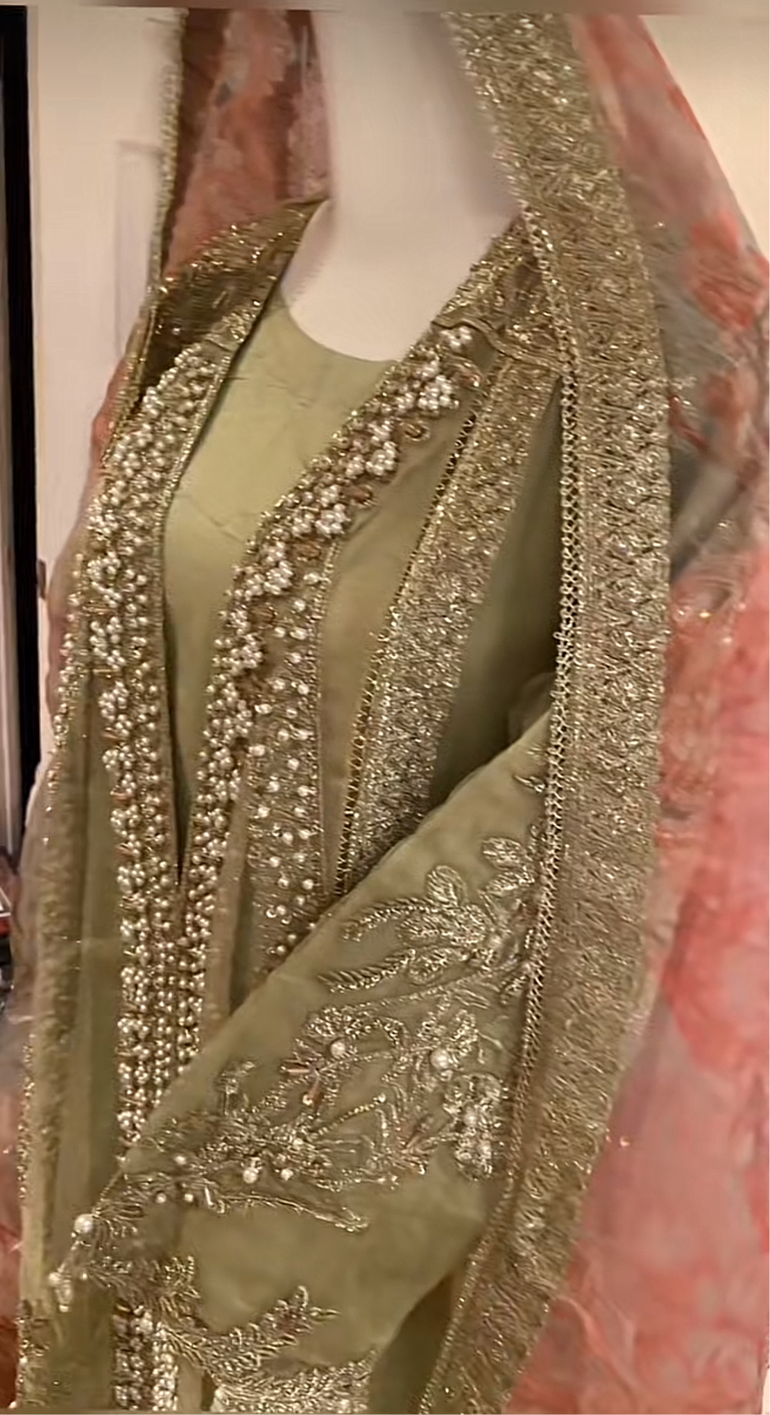 Mint Outfit With Pearl-work & Gold Print Sharara