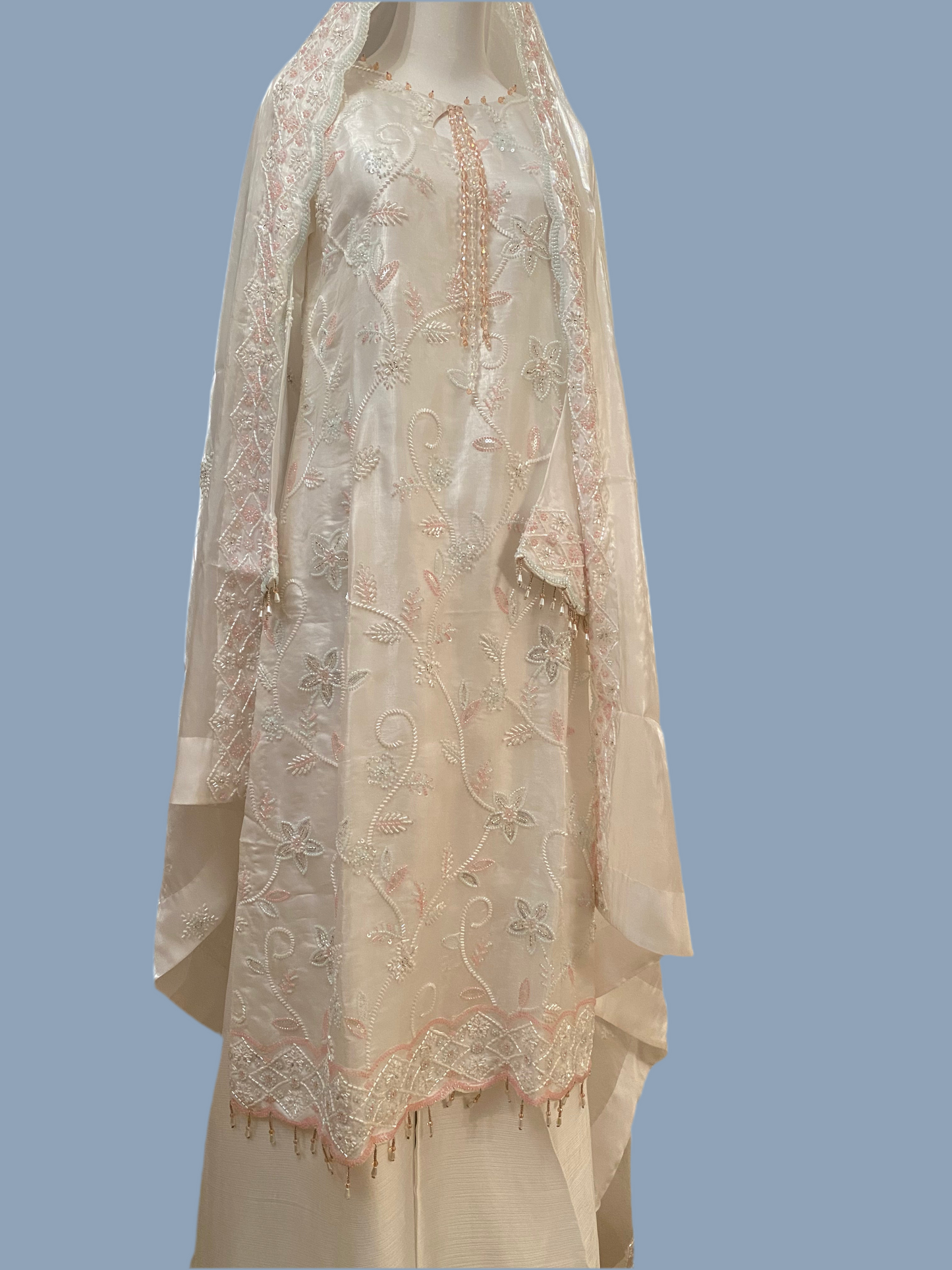 White Korean Silk & Cutdana Sharara Suit