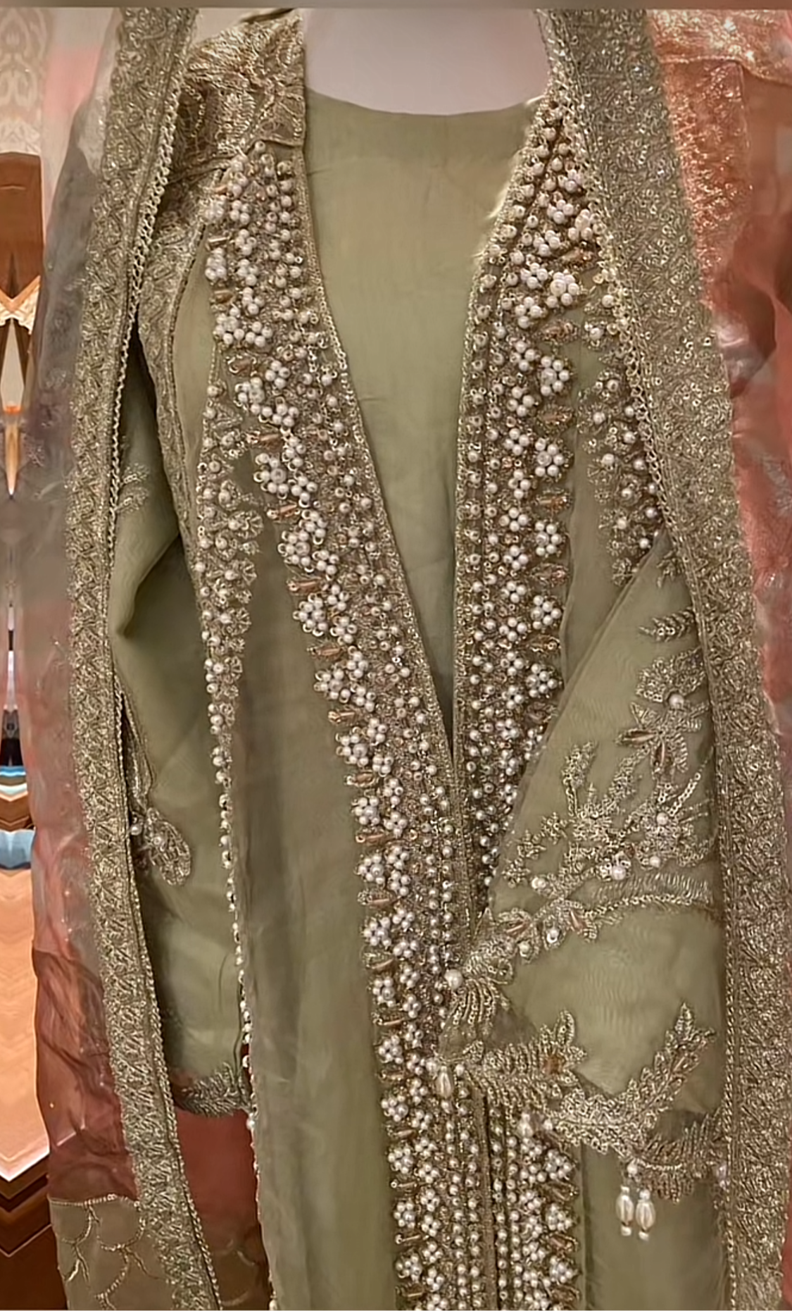 Mint Outfit With Pearl-work & Gold Print Sharara