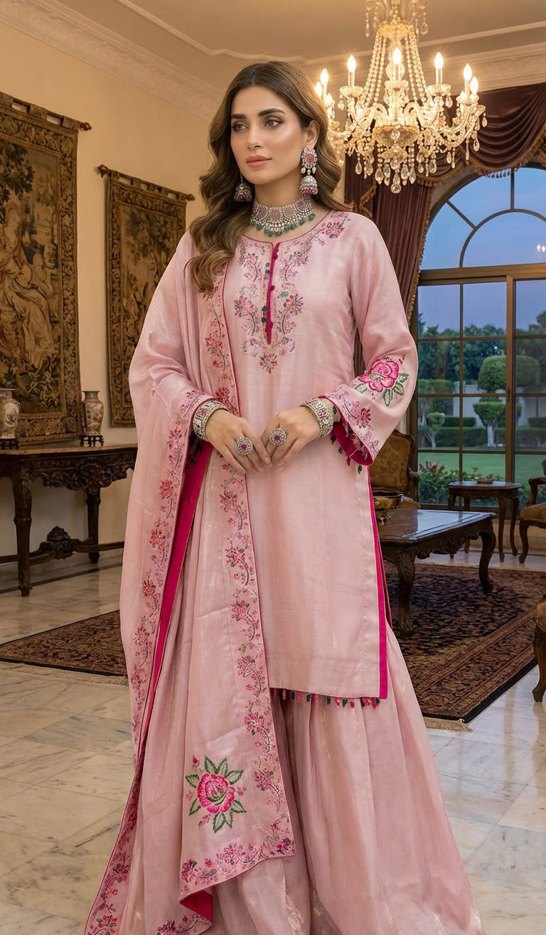 Velvet Silk Block Print Sharara Suit Pinki