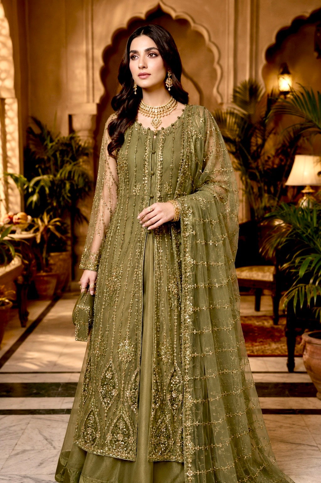Mehndi Green Net Cutdana Jacket Outfit