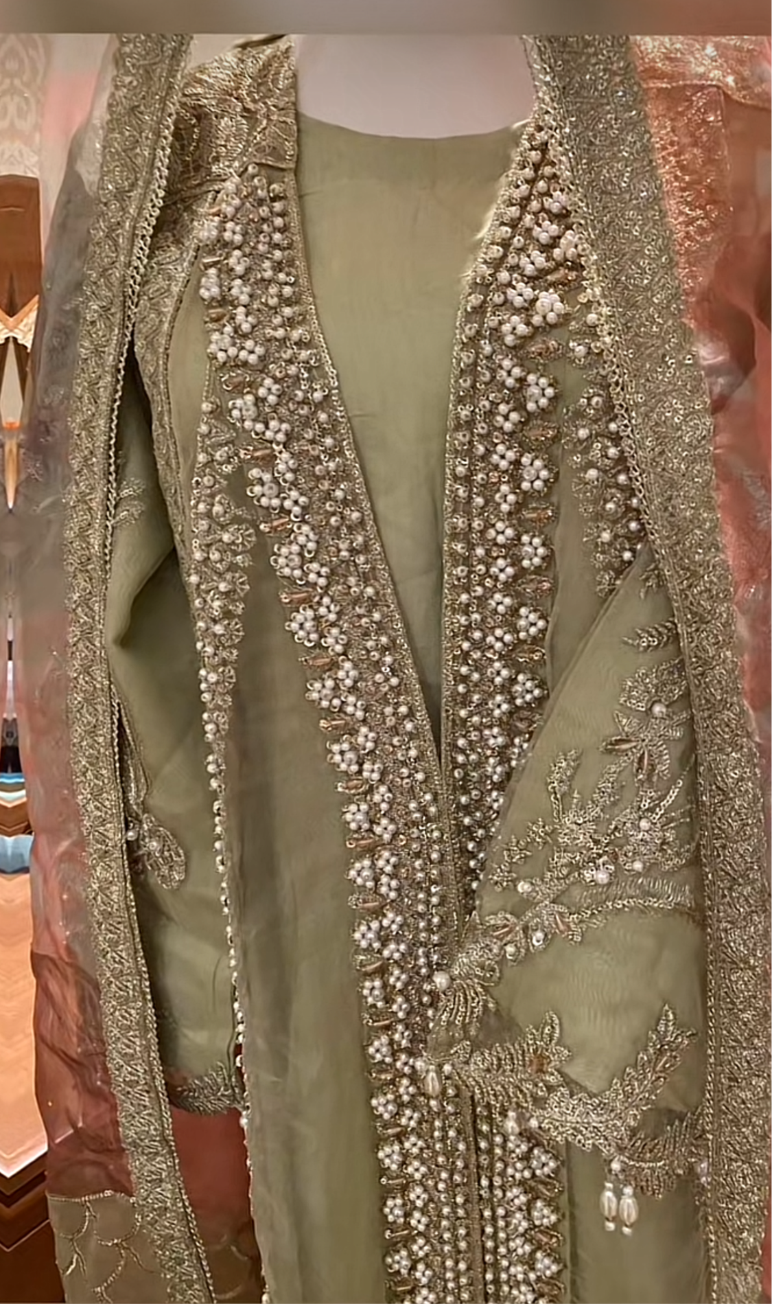 Mint Outfit With Pearl-work & Gold Print Sharara