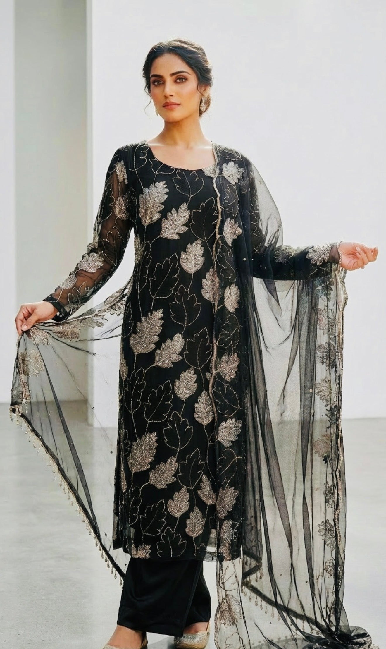 Black 3 Piece Cutdana Suit Leaf Design