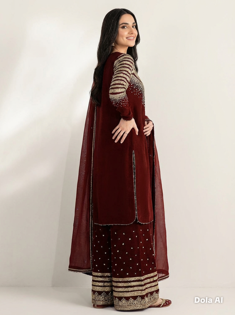 Raw Silk 3 Piece Suit Maroon