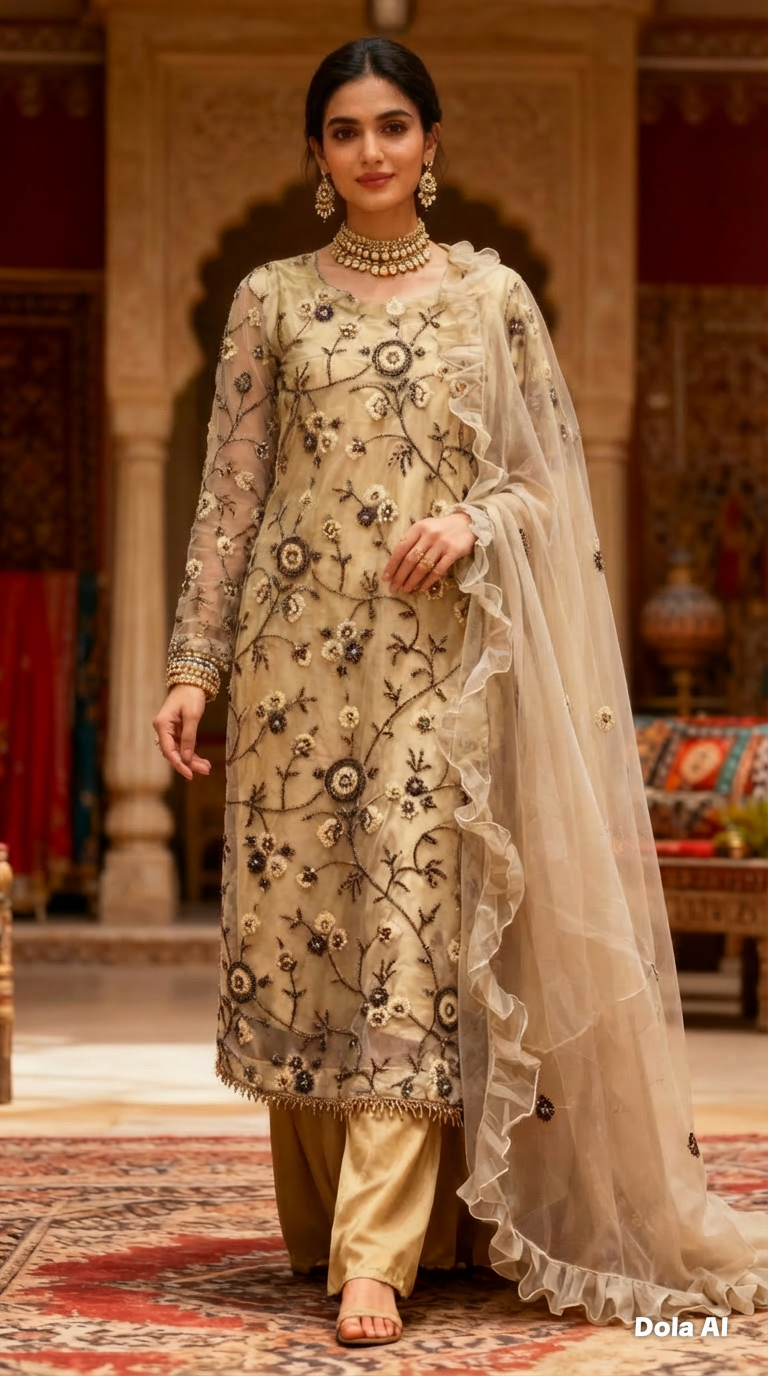 Net Cutdana Sharara Suit Gold