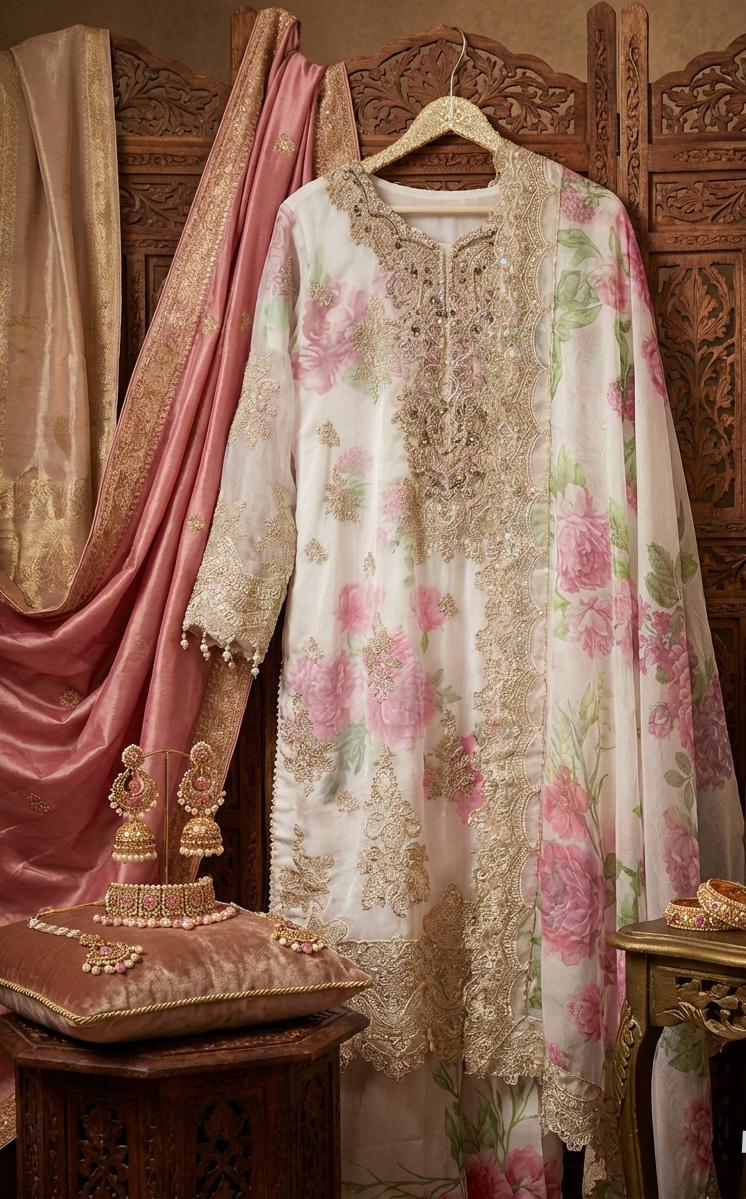 White Floral Chiffon Silk Suit