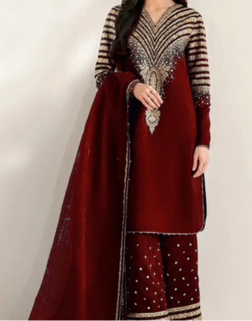 Raw Silk 3 Piece Suit Maroon