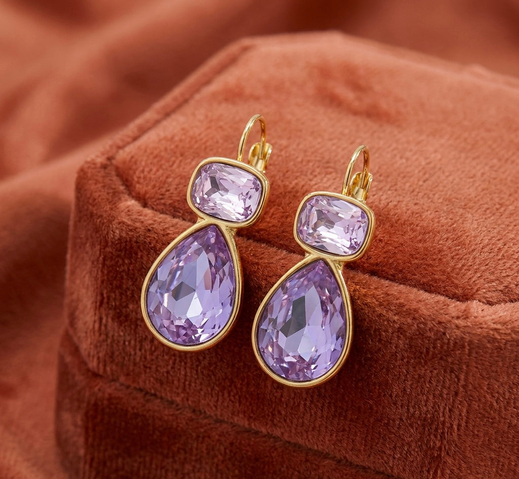 Zircon Pear Drop Gold Plated Earrings Lilac