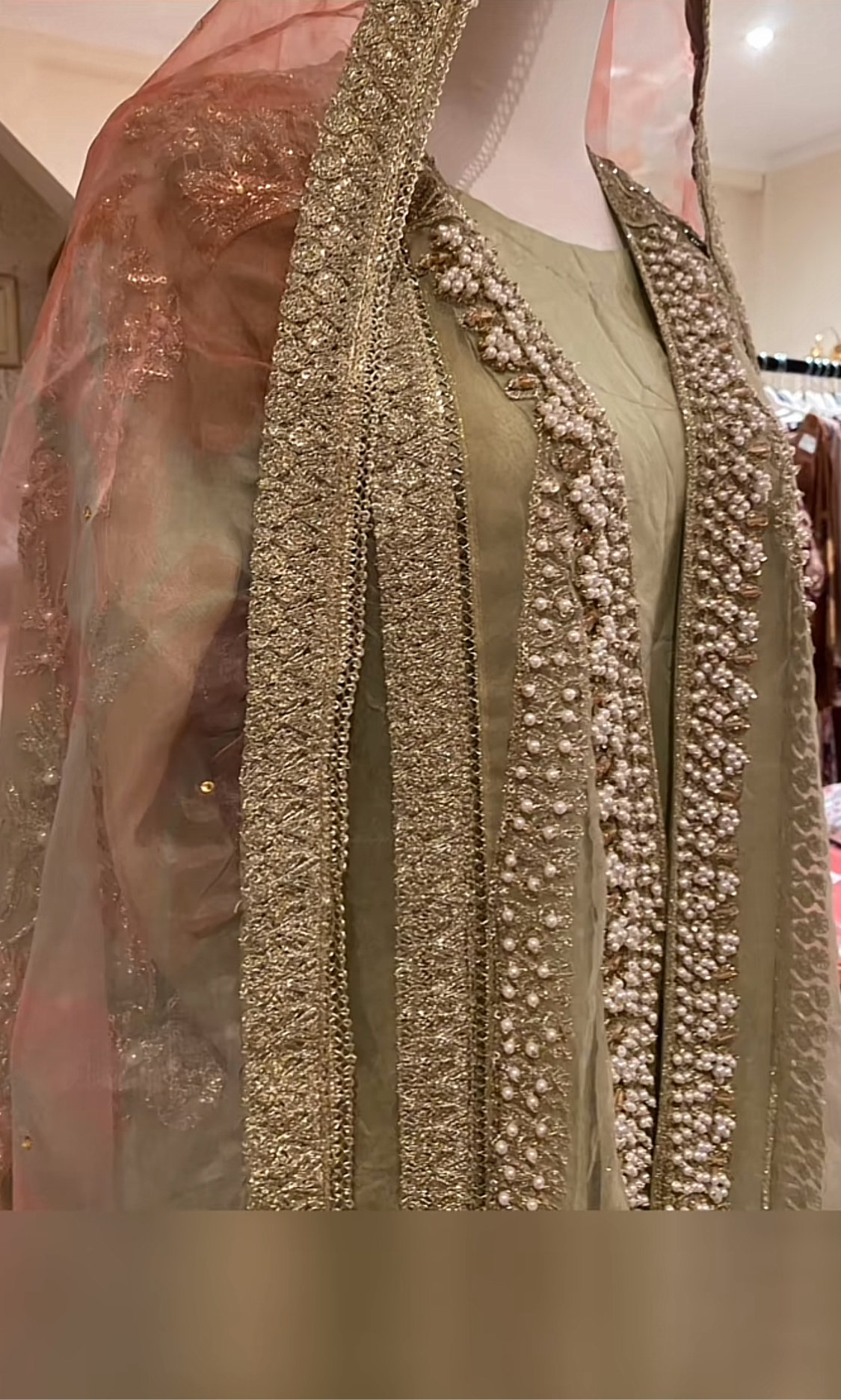 Mint Outfit With Pearl-work & Gold Print Sharara