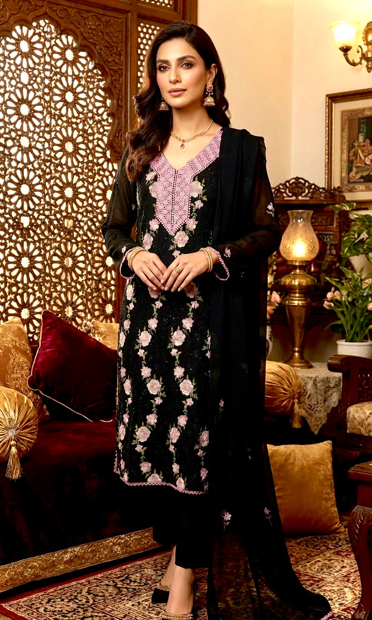 Embroidered & Sequins ChiffonSuit. Black & Pink