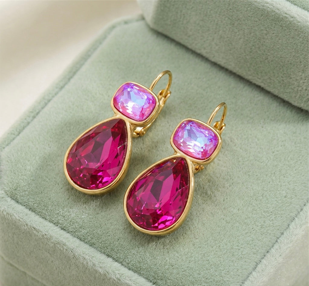 Zircon Pear Drop Gold Plated Earrings Pink