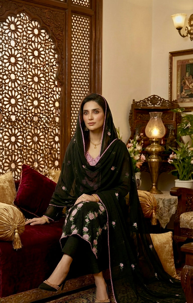 Embroidered & Sequins ChiffonSuit. Black & Pink