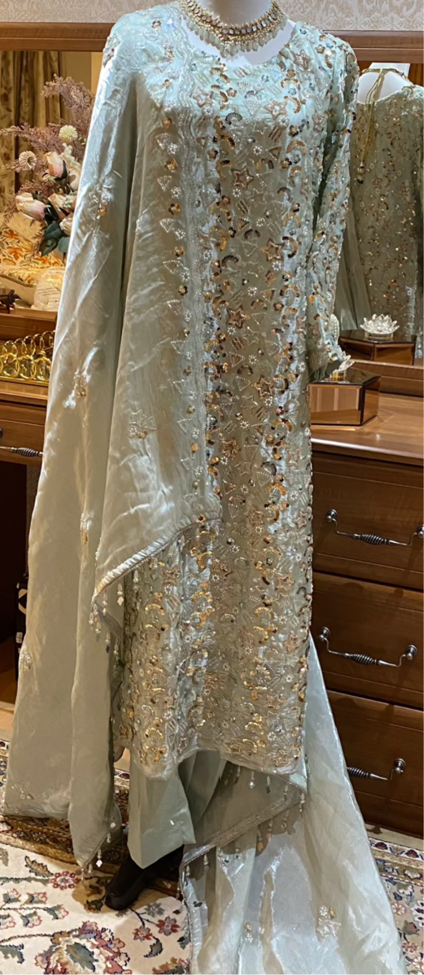 Mint Korean Silk Cutdana 3 Piece Suit With