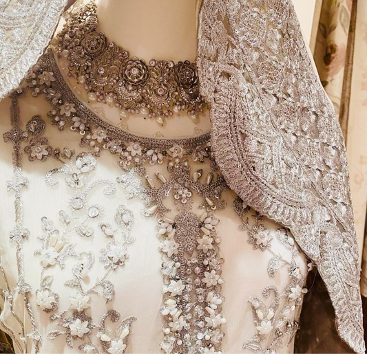 White and Silver Embroidery on Net 3D Flowers