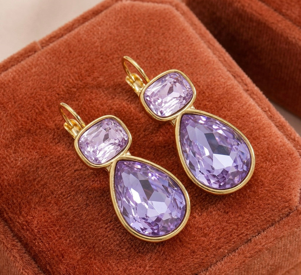 Zircon Pear Drop Gold Plated Earrings Lilac
