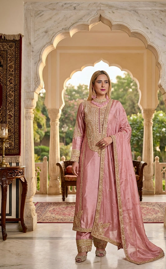 Pink Hand Embroidere Silk