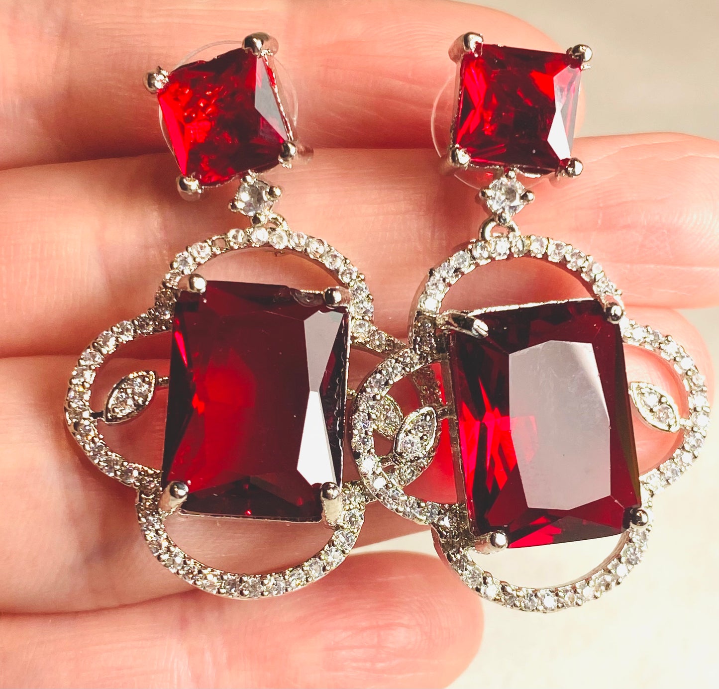 AD Red Stone Square Earrings