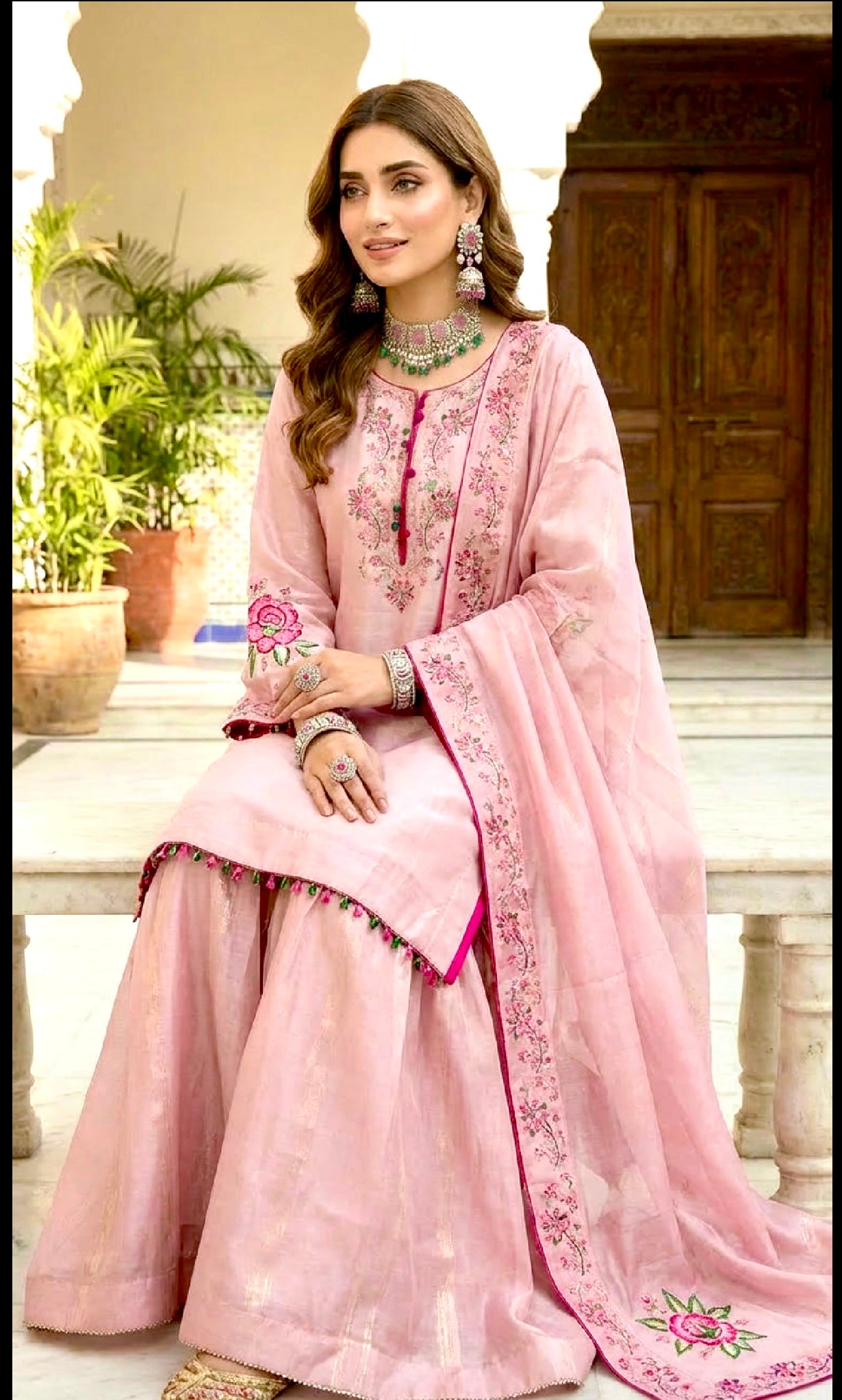 Shimmer Velvet Silk Block Print Sharara Suit Pink