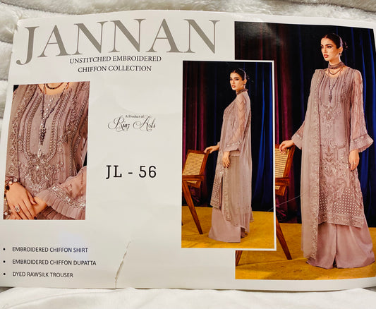 Unstitched JANNAN Embroidered Chiffon Suit by Riyaz Arts Grey